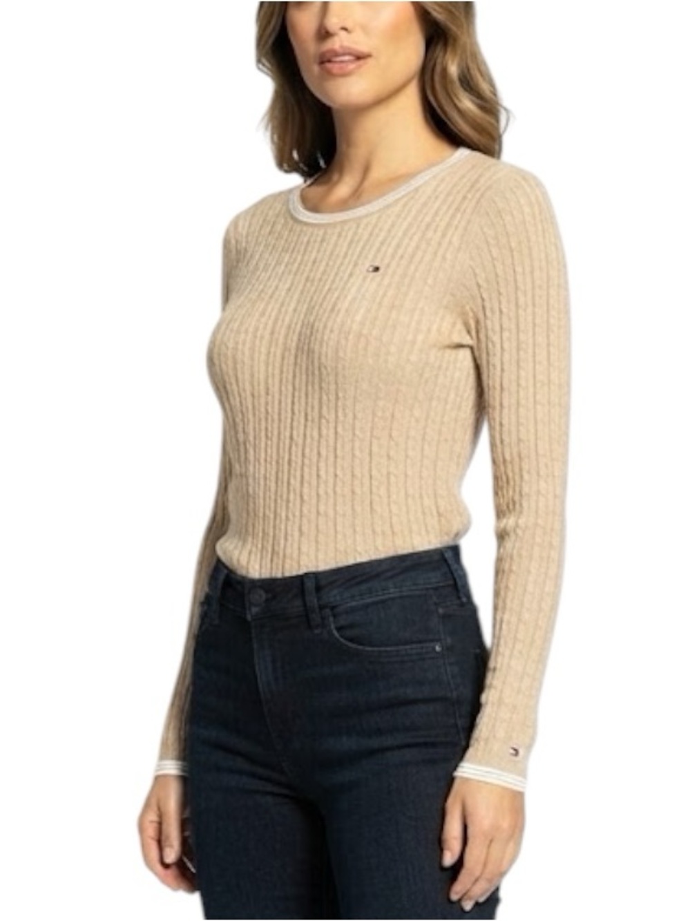 TOMMY HILFIGER Beige 100% Cotton Cable Knit Scoop Neck Sweater Preppy Small